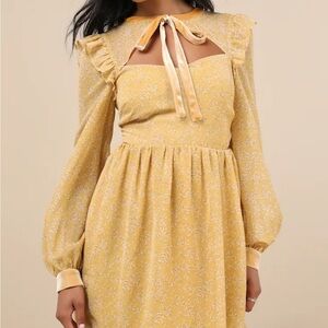 Lulu's Yellow Floral Long Sleeve Tie-Neck Midi Dress